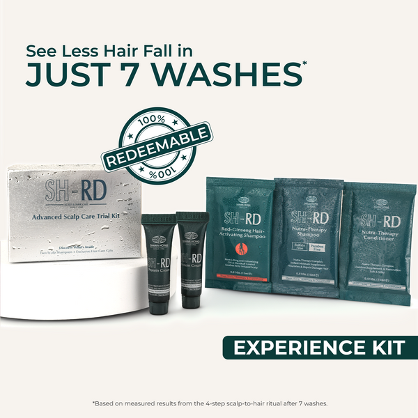 SH-RD Experience Kit featuring an Advanced Scalp Care Trial box, two dark green hair growth tubes, and three dark green treatment sachets on a light beige background with promotional text.