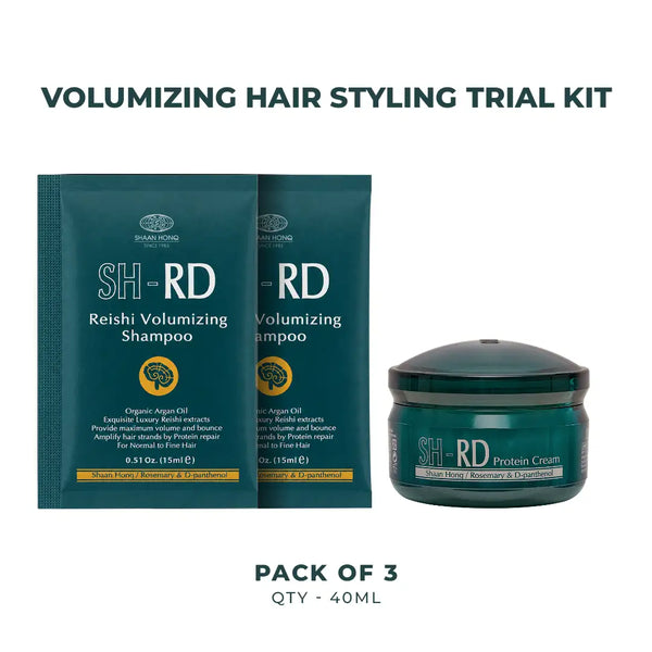 SH-RD Volumizing Hair Styling Trial Kit featuring two packs of Reishi Volumizing Shampoo and one jar of SH-RD Protein Cream on a white background with text overlays.