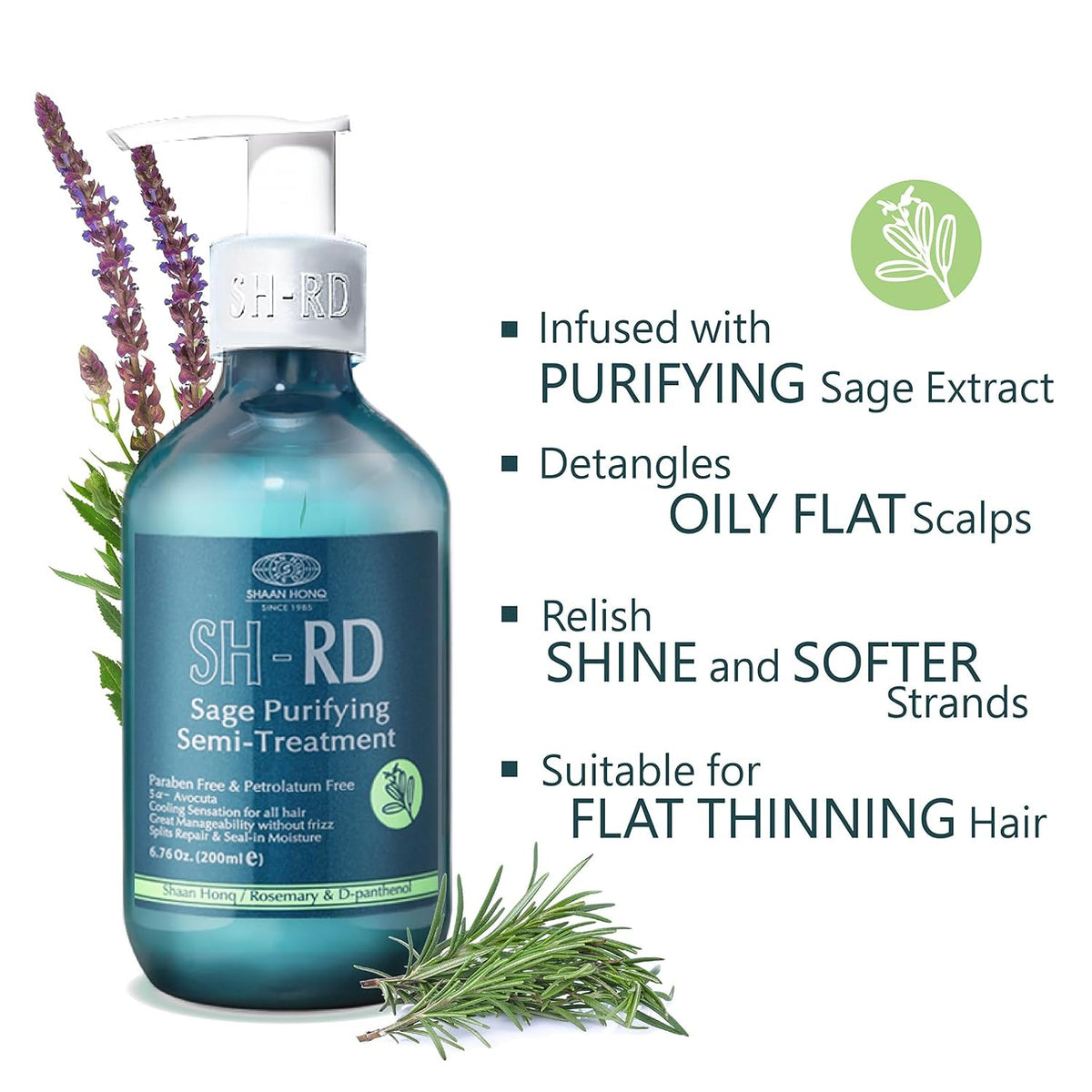 SH-RD Sage Purifying Semi-Treatment bottle on a white background with text callouts and botanical props including purple lavender, green rosemary, and a green leaf icon.