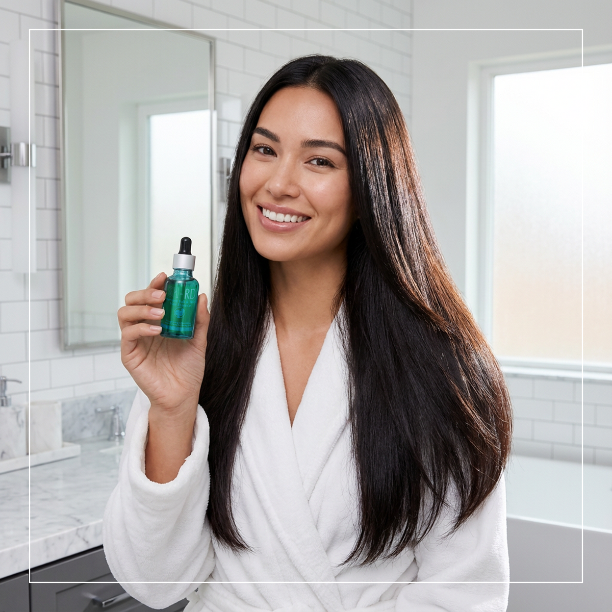 A woman with long, straight dark hair wearing a white robe holds up a small green dropper bottle in a bright, modern bathroom setting.