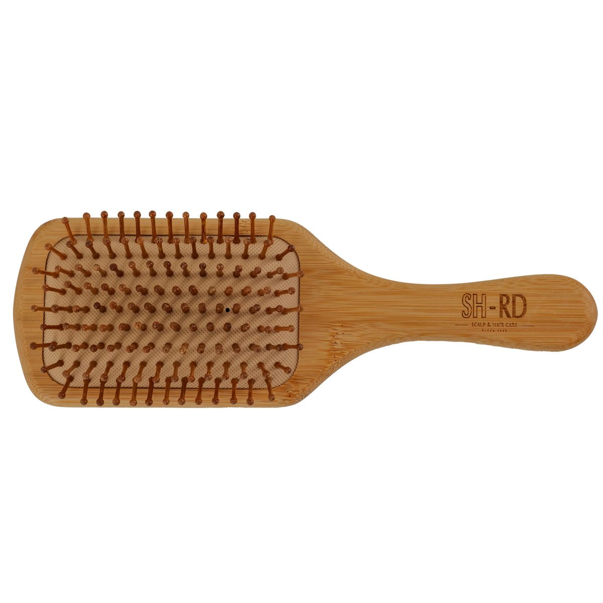 A wooden hairbrush with brown bristles, featuring the brand name 'SH-RD' engraved on the handle, set against a plain white background.