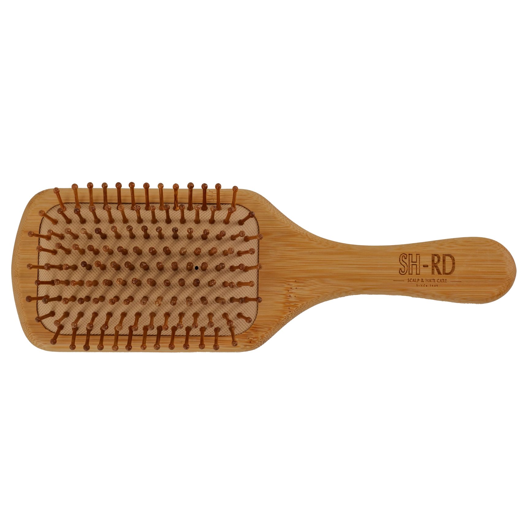 A wooden hairbrush with brown bristles, featuring the brand name 'SH-RD' engraved on the handle, set against a plain white background.