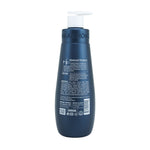 A dark blue bottle of  Shain Hong Advanced Shampoos, shown from the back to display the text and ingredients, topped with a white pump dispenser against a white background.