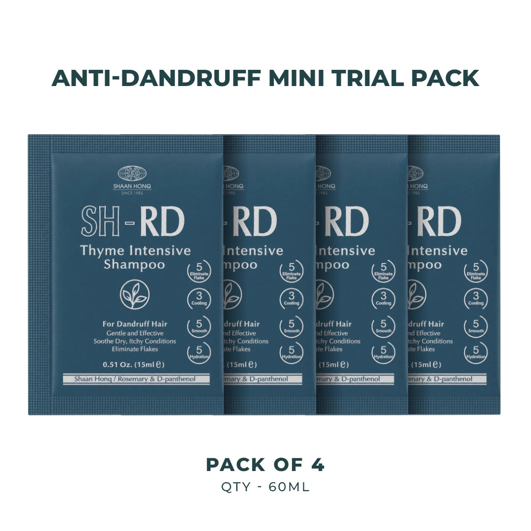 Four dark blue shampoo sachets arranged in a row on a white background, with text above reading 'ANTI-DANDRUFF MINI TRIAL PACK' and text below reading 'PACK OF 4 QTY - 60ML'. The sachets are branded SHRD and labeled Thyme Intensive Shampoo.