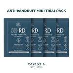 Four dark blue shampoo sachets arranged in a row on a white background, with text above reading 'ANTI-DANDRUFF MINI TRIAL PACK' and text below reading 'PACK OF 4 QTY - 60ML'. The sachets are branded SHRD and labeled Thyme Intensive Shampoo.