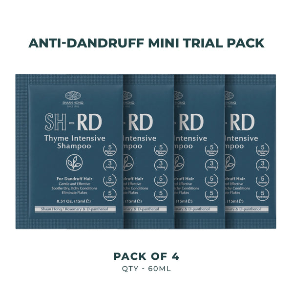 Four dark blue shampoo sachets arranged in a row on a white background, with text above reading 'ANTI-DANDRUFF MINI TRIAL PACK' and text below reading 'PACK OF 4 QTY - 60ML'. The sachets are branded SHRD and labeled Thyme Intensive Shampoo.