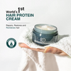 SH-RD Protein Cream jar held by a hand with text claiming it's the world's first hair protein cream.