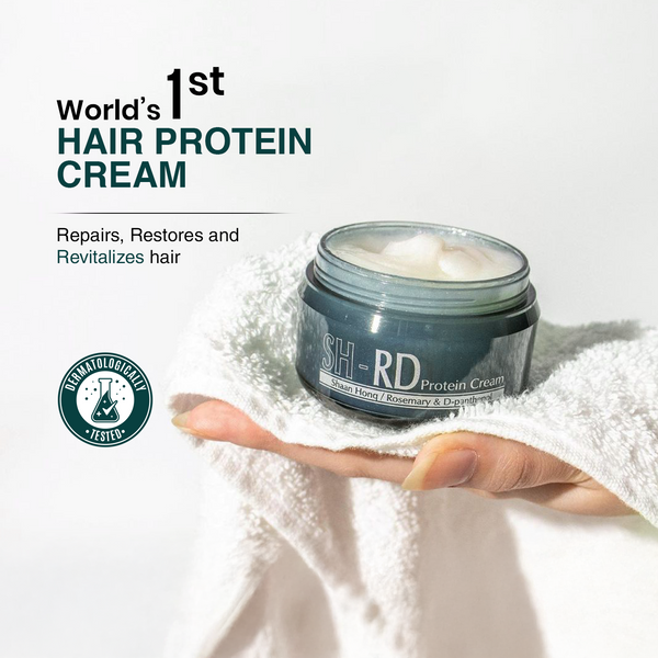 SH-RD Protein Cream jar held by a hand with text claiming it's the world's first hair protein cream.