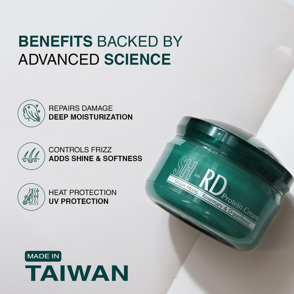 Green protein cream jar with text highlighting benefits and 'Made in Taiwan' on a light background
