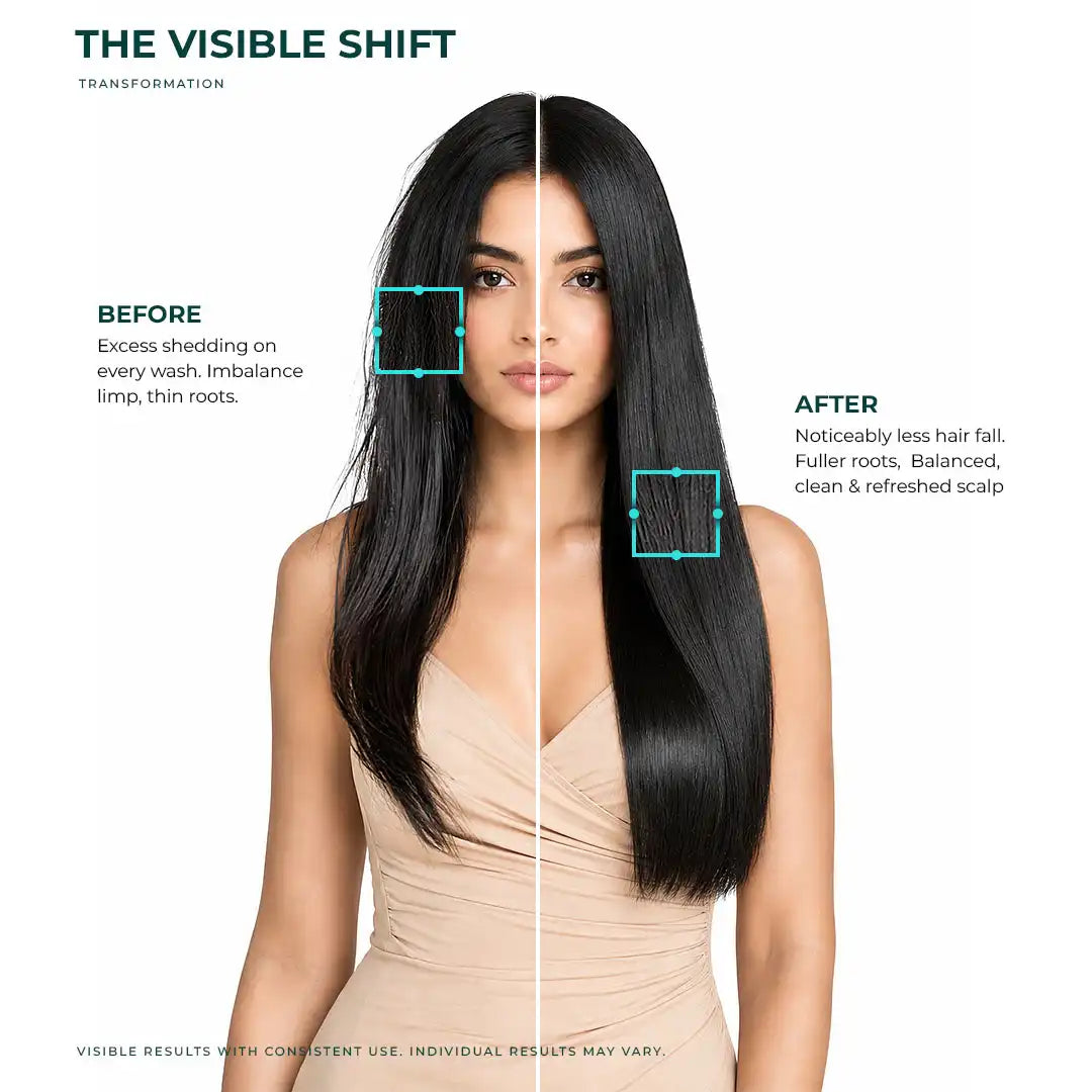 Before and after comparison of hair care transformation on a woman with long black hair.