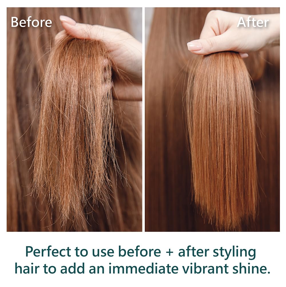 Before and after comparison of hair with a product applied, showing a significant increase in shine.