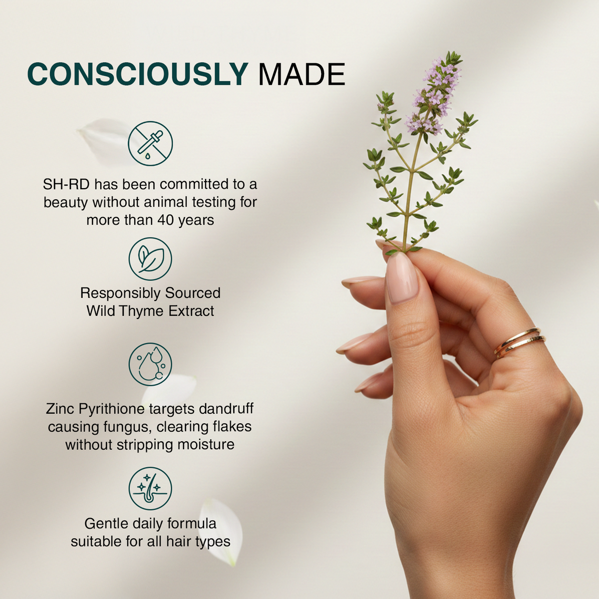 A hand holding a small sprig of wild thyme against a soft beige background with text reading 'CONSCIOUSLY MADE' and bullet points about ethical sourcing, wild thyme extract, dandruff relief, and gentle formula.