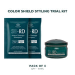 A hair care trial kit showing two dark teal shampoo packets and one matching protein cream jar on a white background, with text reading 'COLOR SHIELD STYLING TRIAL KIT' and 'PACK OF 3 QTY - 40ML'.