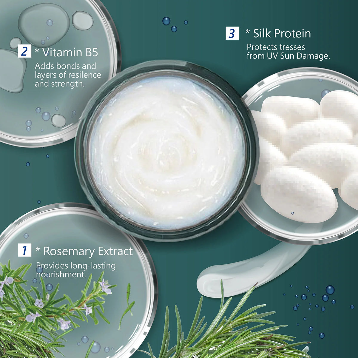 Cosmetic product with ingredients labeled on a green background