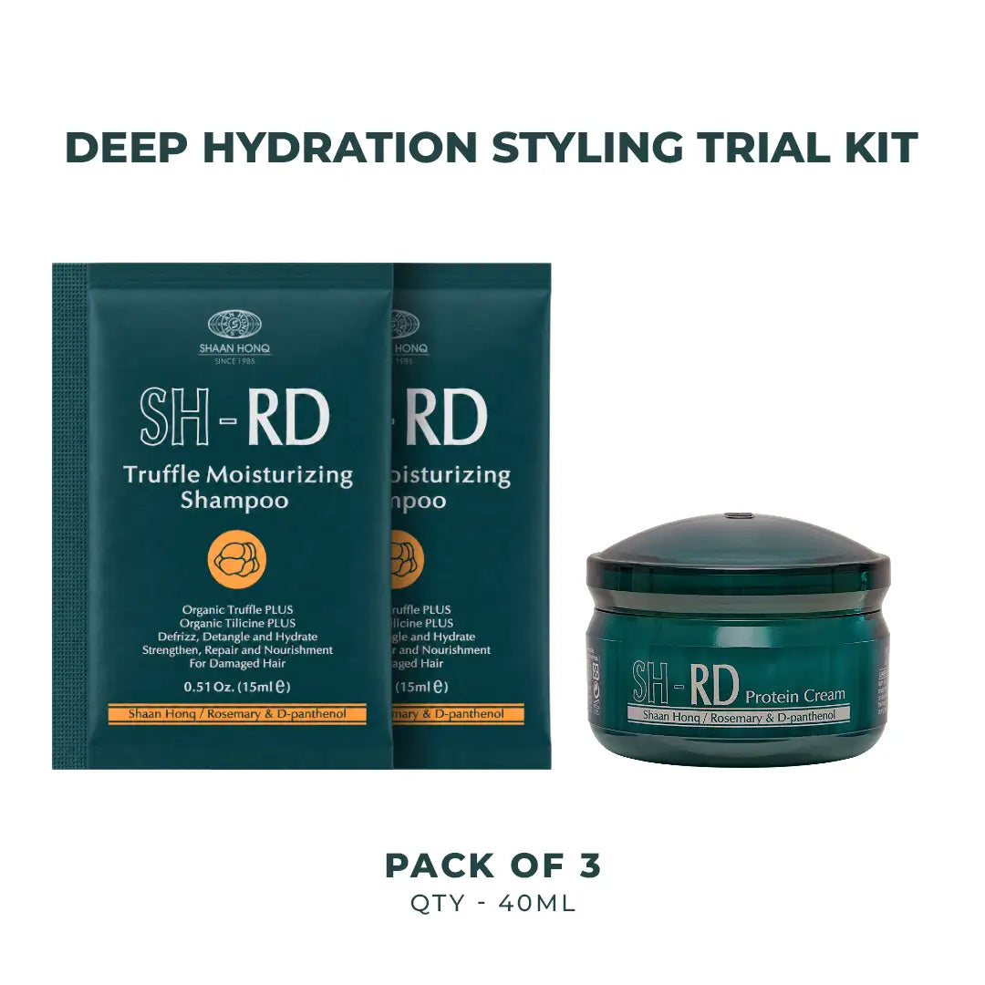 SH-RD Deep Hydration Styling Trial Kit featuring two dark teal shampoo sachets and one matching protein cream jar on a white background with text overlays.