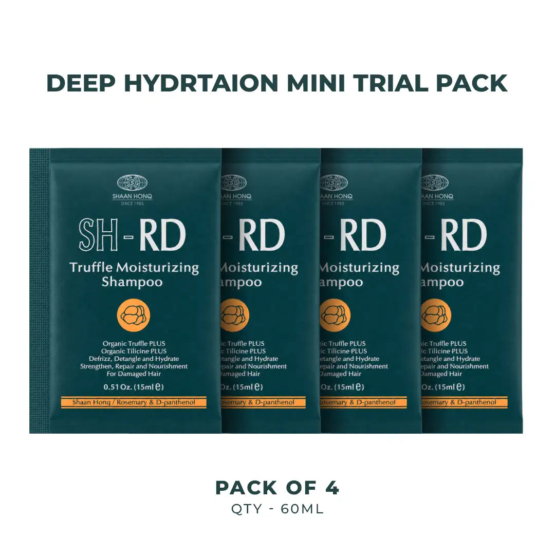 Four dark teal sachets of SH-RD Truffle Moisturizing Shampoo arranged in a row on a white background, with the text 'DEEP HYDRATION MINI TRIAL PACK' above and 'PACK OF 4 QTY - 60ML' below.