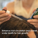 Person applying a hair growth product to their scalp with text about enhancing root circulation and scalp health.