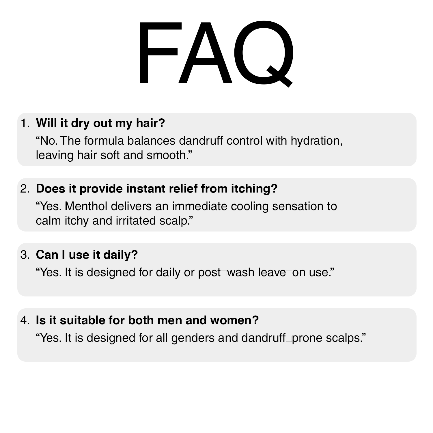 An FAQ graphic with the heading 'FAQ' and four numbered questions and answers about hair care, shown on a white background.