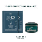 Flake-free styling trial kit featuring two dark teal SH-RD Thyme Intensive Shampoo sachets and one matching SH-RD Protein Cream jar on a white background, with text reading 'FLAKE-FREE STYLING TRIAL KIT' and 'PACK OF 3 QTY - 40ML'.