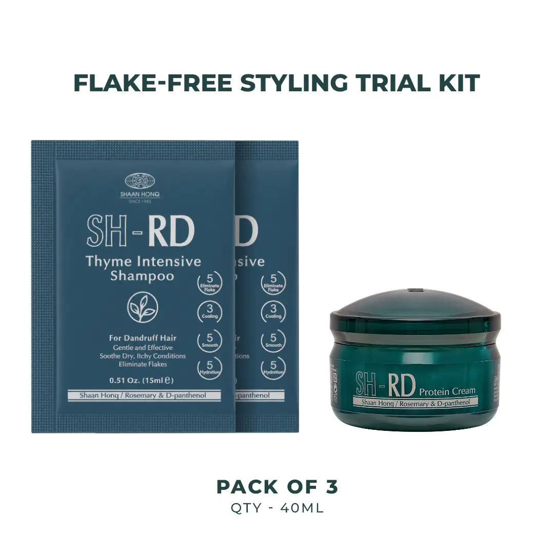 Flake-free styling trial kit featuring two dark teal SH-RD Thyme Intensive Shampoo sachets and one matching SH-RD Protein Cream jar on a white background, with text reading 'FLAKE-FREE STYLING TRIAL KIT' and 'PACK OF 3 QTY - 40ML'.