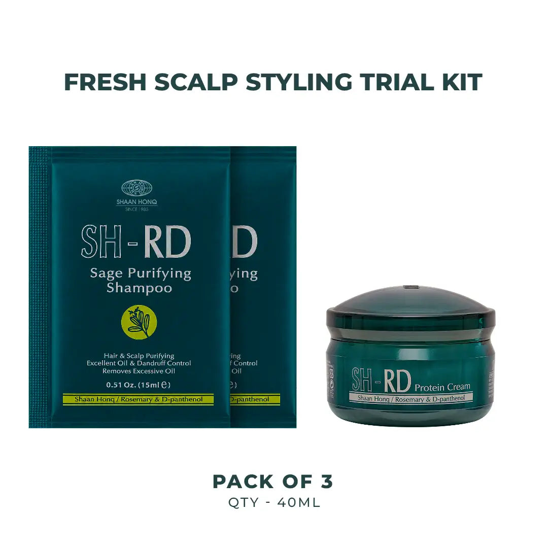 Fresh Scalp Styling Trial Kit by Shaun Hong, featuring two dark teal sachets of Sage Purifying Shampoo and one matching jar of Protein Cream on a white background with text reading 'FRESH SCALP STYLING TRIAL KIT' and 'PACK OF 3'.