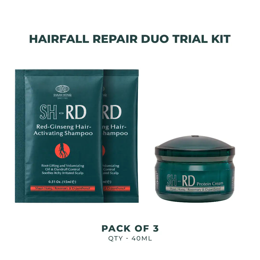 Hairfall Repair Duo Trial Kit by Shirdi Siddhi, featuring two dark teal shampoo packets and one matching protein cream jar on a white background with text overlays.