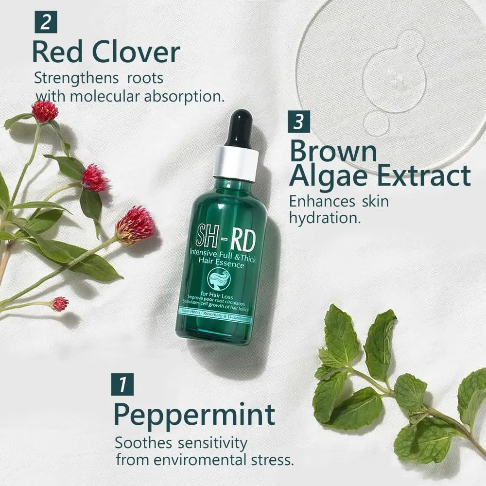 SH-RD hair essence bottle with red clover, brown algae extract, and peppermint elements on a white background.