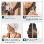 Step-by-step hair care routine with images of a woman washing and conditioning her hair.