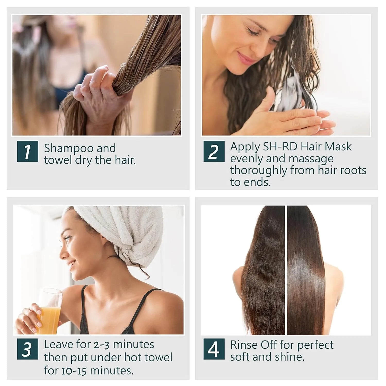 Step-by-step hair care routine with images of a woman washing and conditioning her hair.