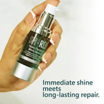 Hand holding a skincare serum bottle with text 'Immediate shine meets long-lasting repair.'