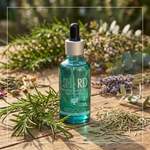 A teal glass dropper bottle of SH-RD Intensive Full & Thick Hair Essence stands on a rustic wooden surface surrounded by fresh rosemary, lavender, and eucalyptus leaves in an outdoor garden setting.