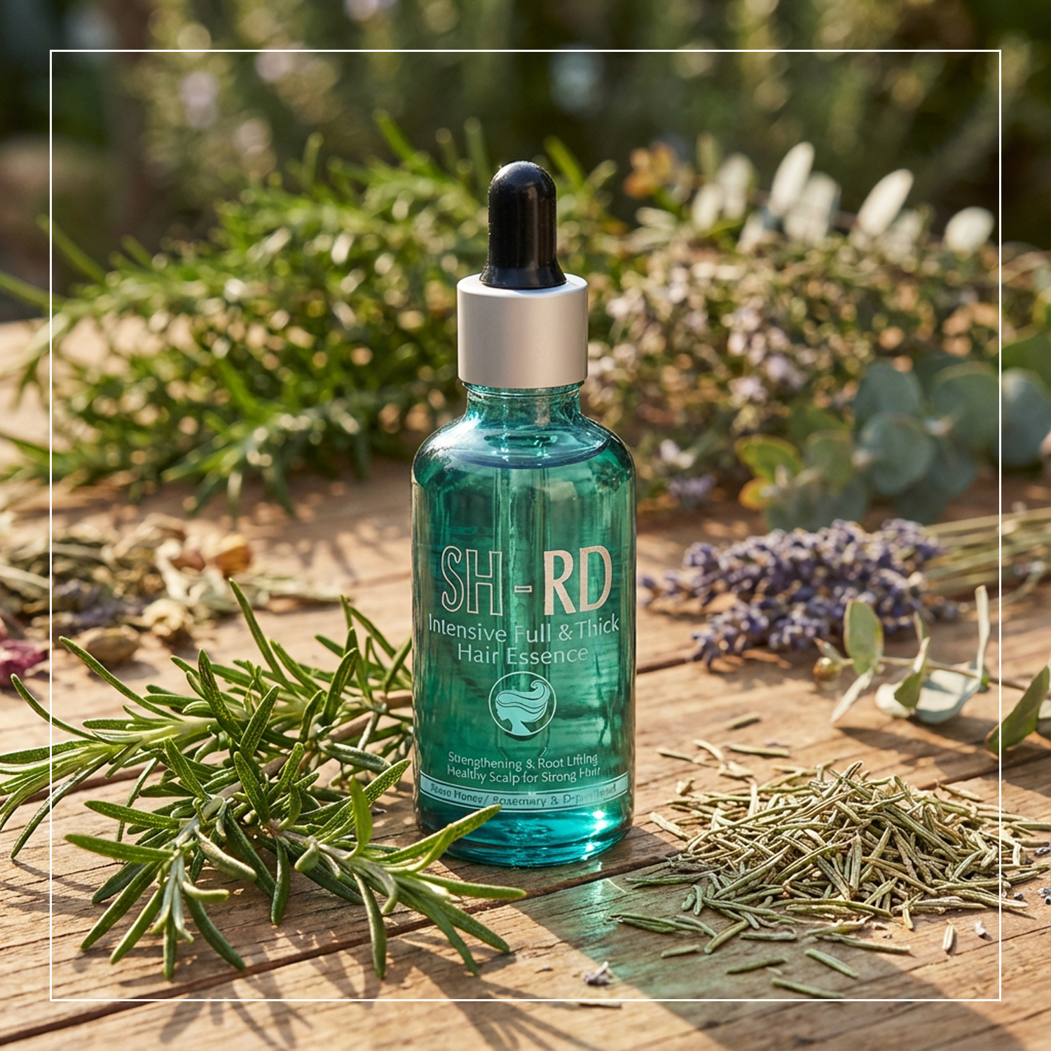 A teal glass dropper bottle of SH-RD Intensive Full & Thick Hair Essence stands on a rustic wooden surface surrounded by fresh rosemary, lavender, and eucalyptus leaves in an outdoor garden setting.