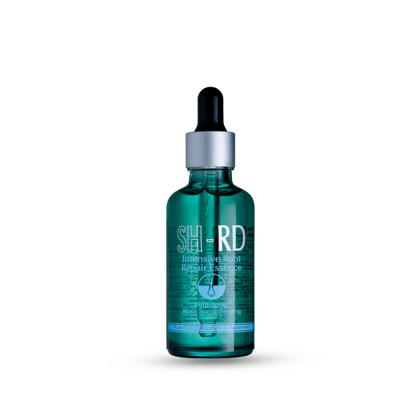 A teal glass dropper bottle of SH+RD Intensive Wash Repair Essence with a silver collar and black dropper top, centered on a white background.