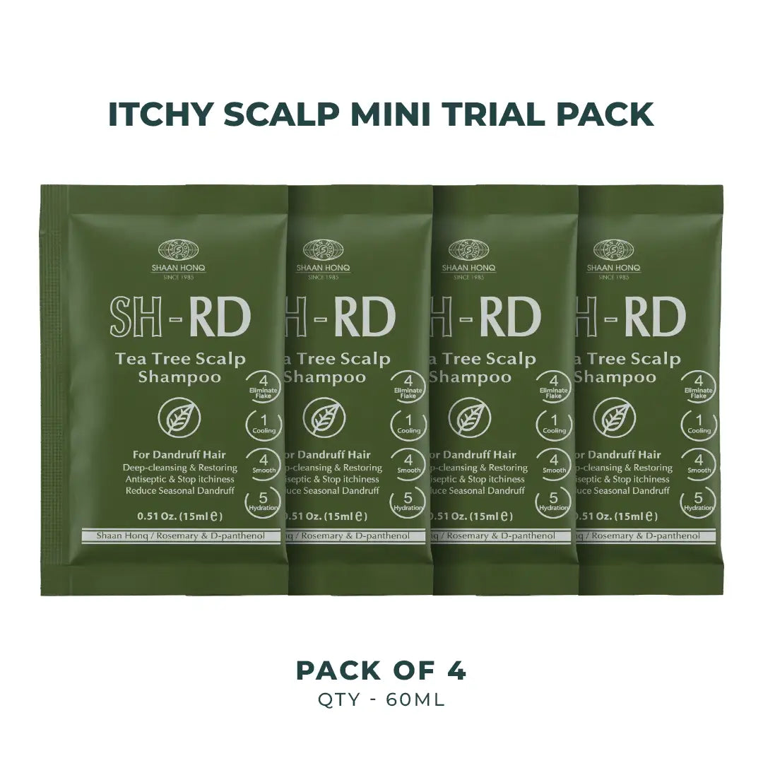 Four green SH-RD Tea Tree Scalp Shampoo mini trial packets arranged in a row on a white background, with text reading 'ITCHY SCALP MINI TRIAL PACK' at the top and 'PACK OF 4 QTY - 60ML' at the bottom.