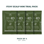 Four green SH-RD Tea Tree Scalp Shampoo mini trial packets arranged in a row on a white background, with text reading 'ITCHY SCALP MINI TRIAL PACK' at the top and 'PACK OF 4 QTY - 60ML' at the bottom.