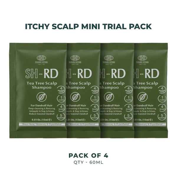 Four green SH-RD Tea Tree Scalp Shampoo mini trial packets arranged in a row on a white background, with text reading 'ITCHY SCALP MINI TRIAL PACK' at the top and 'PACK OF 4 QTY - 60ML' at the bottom.