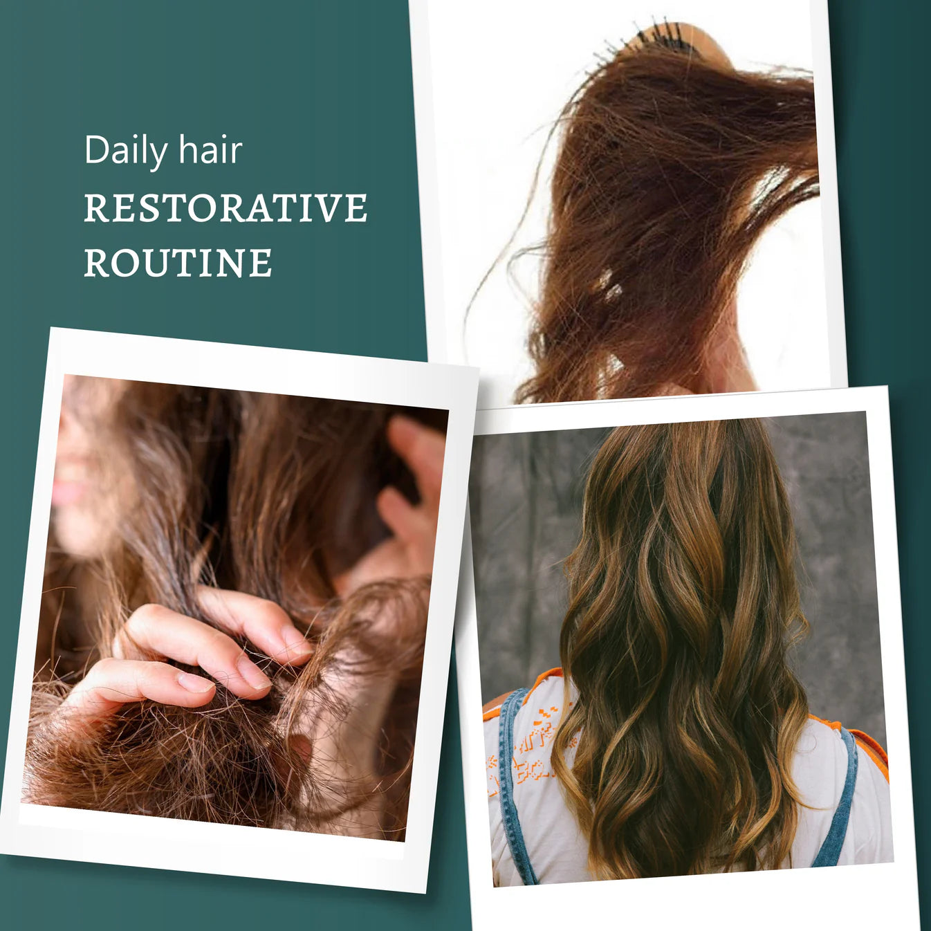 Three images showing hair care routine with text 'Daily hair RESTORATIVE ROUTINE' on a teal background.