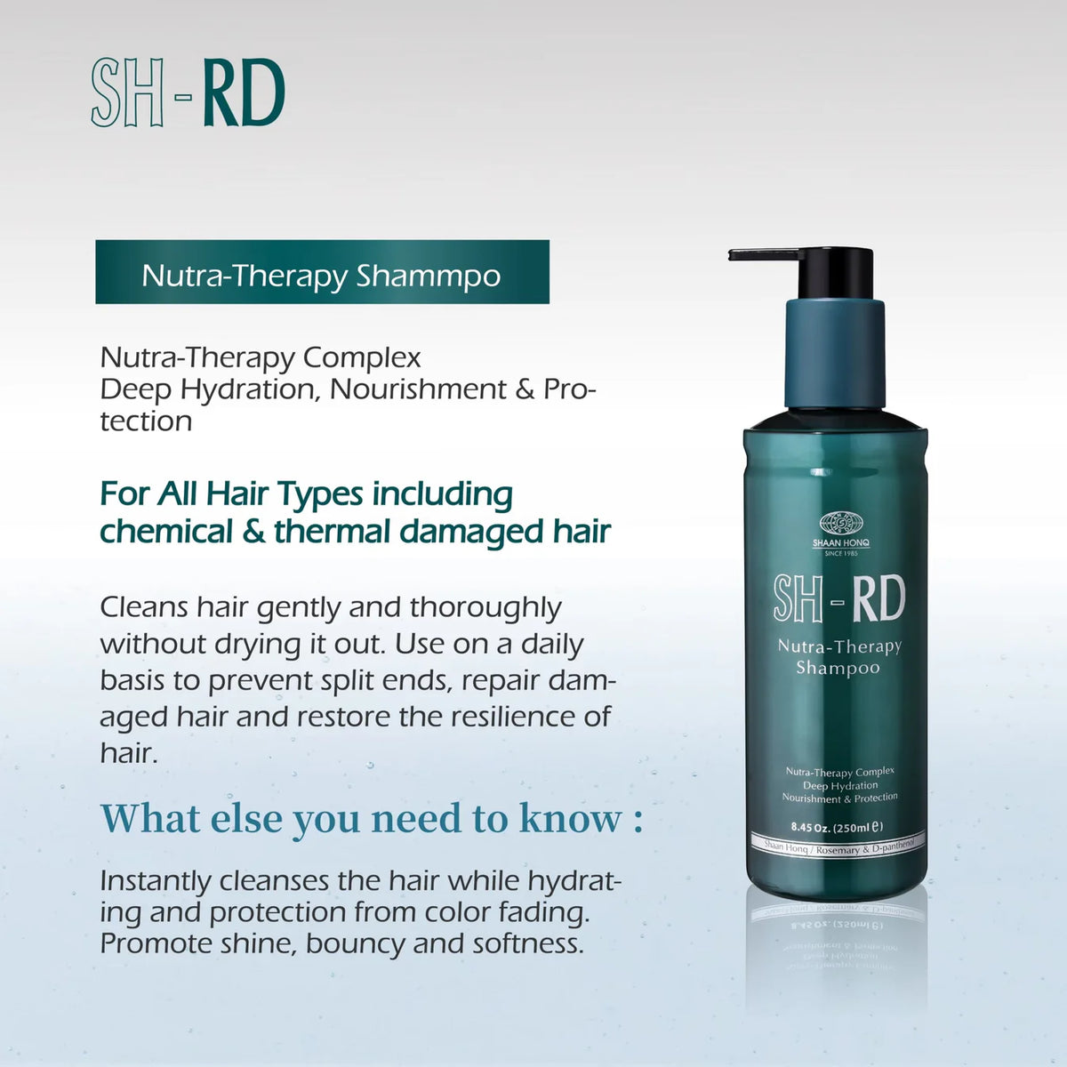 SH-RD Nutra-Therapy Shampoo bottle with product description on a light gray background