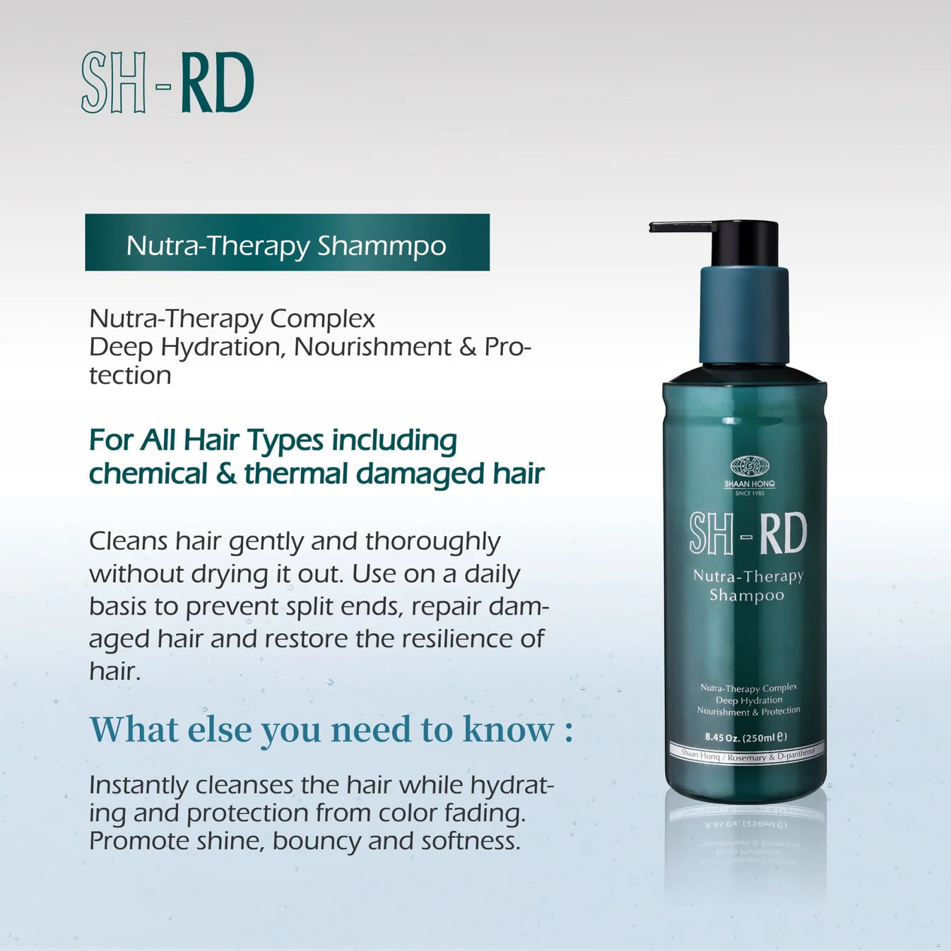 SH-RD Nutra-Therapy Shampoo bottle with product description on a light gray background