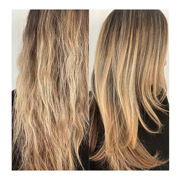 Before and after comparison of blonde hair with a lighter root color.