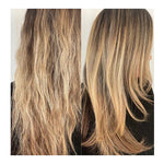 Before and after comparison of blonde hair with a lighter root color.