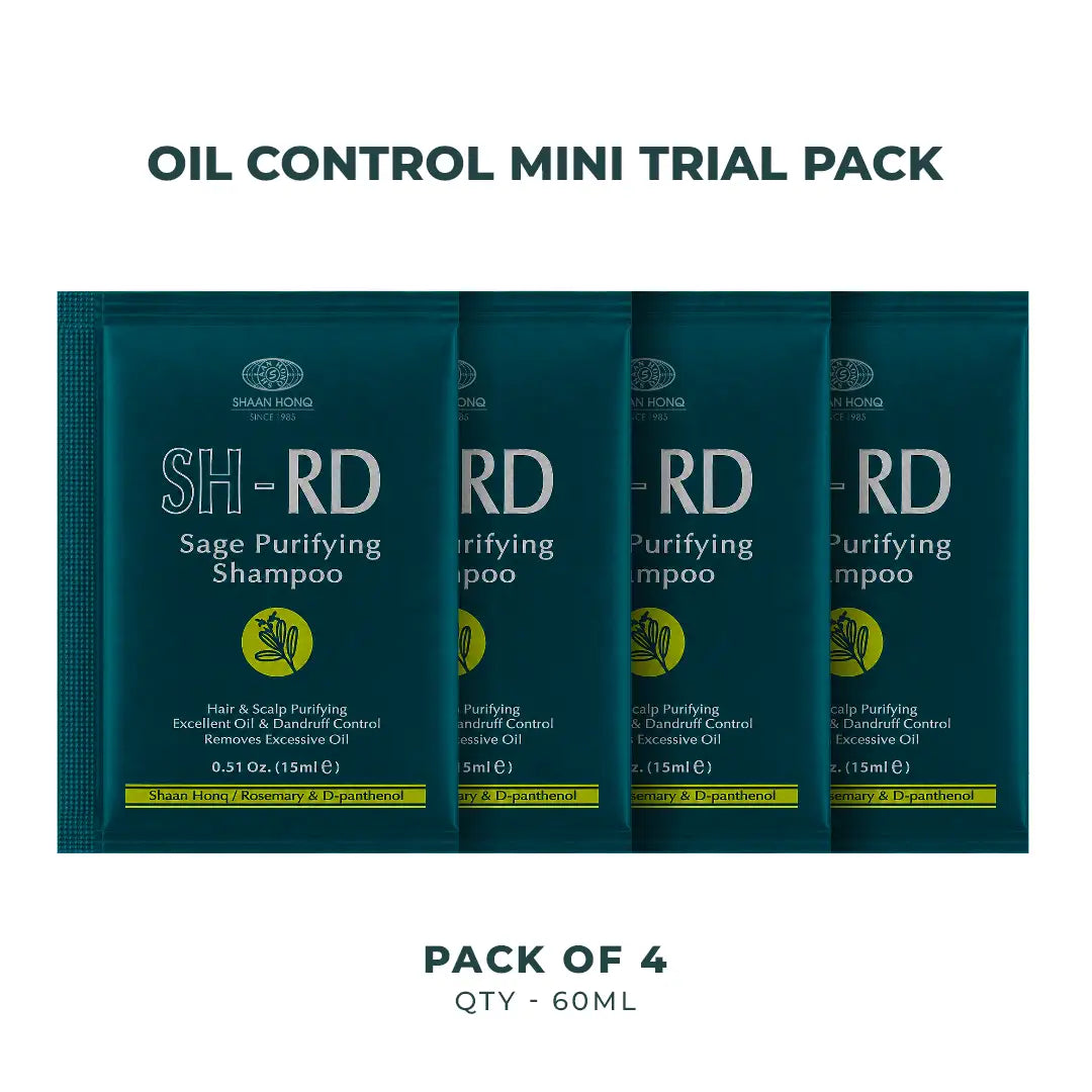 Four dark teal SH-RD Sage Purifying Shampoo mini trial packets arranged in a row on a white background, with text above reading 'OIL CONTROL MINI TRIAL PACK' and below reading 'PACK OF 4 QTY - 60ML'.