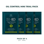Four dark teal SH-RD Sage Purifying Shampoo mini trial packets arranged in a row on a white background, with text above reading 'OIL CONTROL MINI TRIAL PACK' and below reading 'PACK OF 4 QTY - 60ML'.