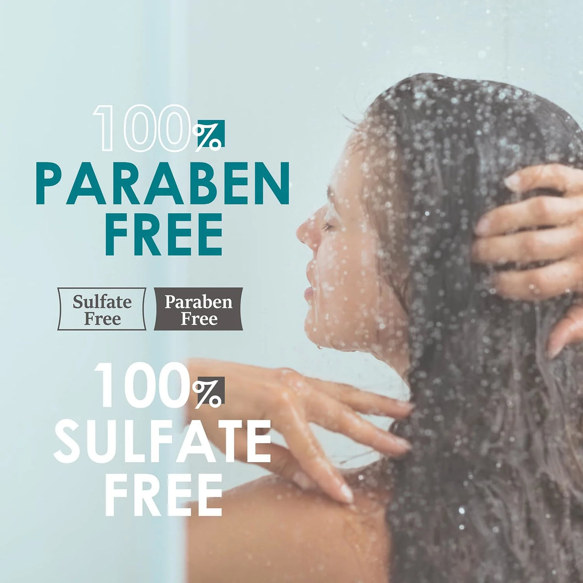 Person showering with text highlighting paraben and sulfate-free products