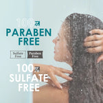 Person showering with text highlighting paraben and sulfate-free products