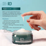 SH-RD Protein Cream with a hand applying cream and product details on a light blue background