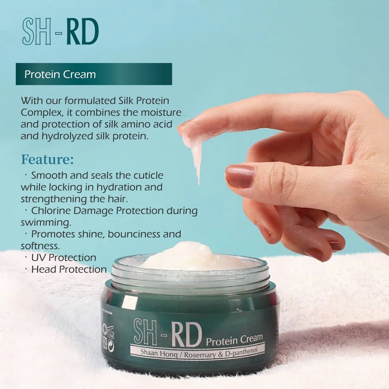 SH-RD Protein Cream with a hand applying cream and product details on a light blue background