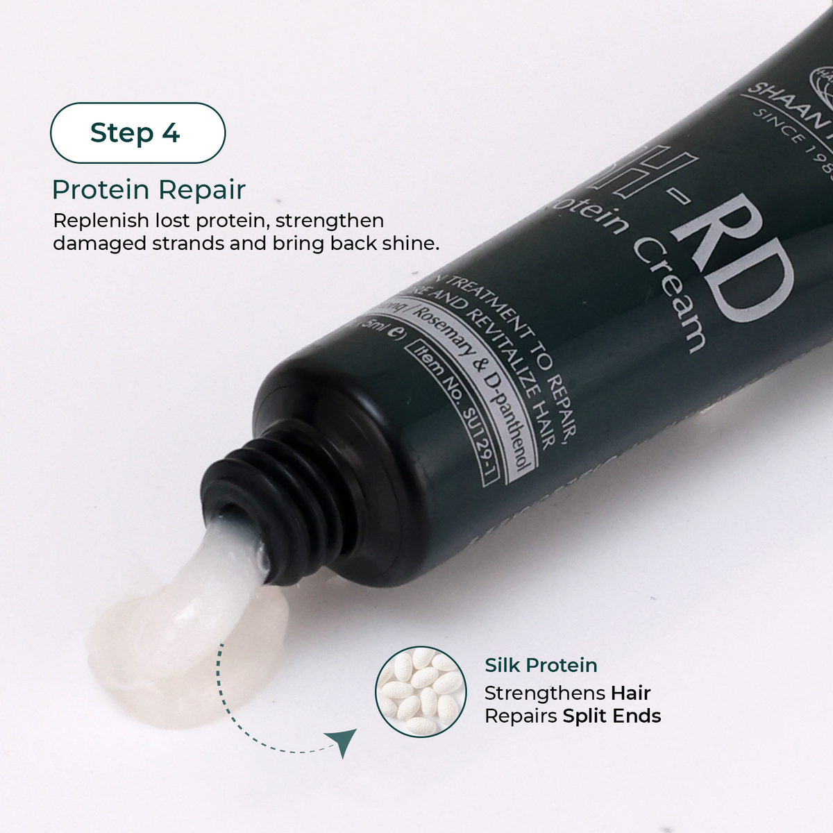 A dark teal tube of SHANN RD Protein Repair Hair Treatment is shown with a dollop of white cream squeezed out. The image includes text overlays explaining the 'Step 4 Protein Repair' process and a small graphic illustrating 'Silk Protein' beads that repair split ends.