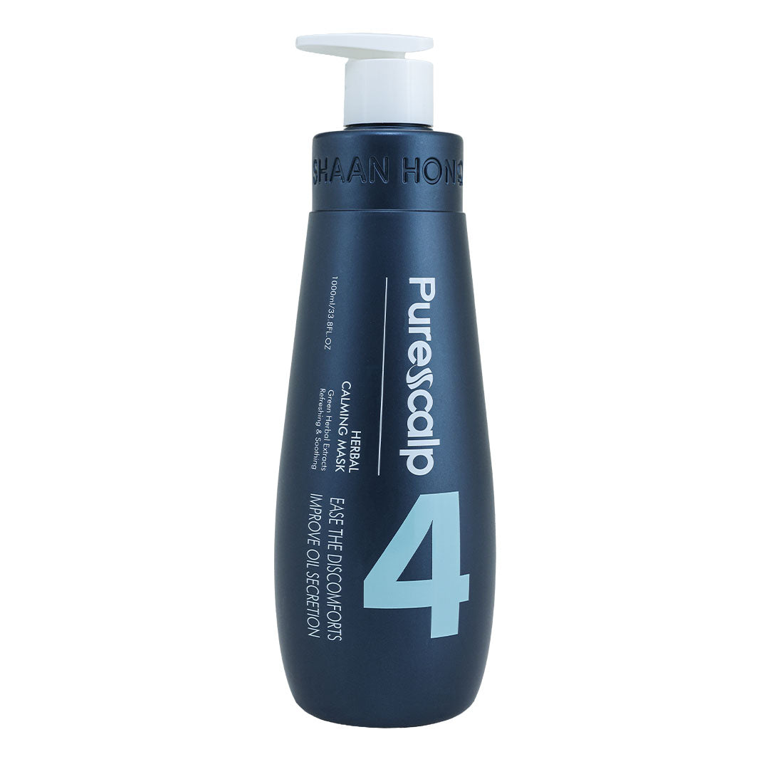 Purescalp 4 Calming Mask hair conditioner bottle in navy blue with a white pump dispenser, shown on a plain white background.