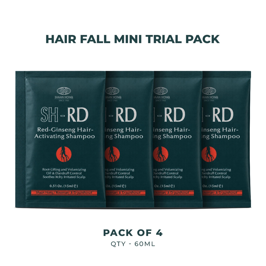 Four packets of SH-RD Red-Ginseng Hair-Activating Shampoo arranged in a row on a white background, with the text 'HAIR FALL MINI TRIAL PACK' above and 'PACK OF 4 QTY - 60ML' below.